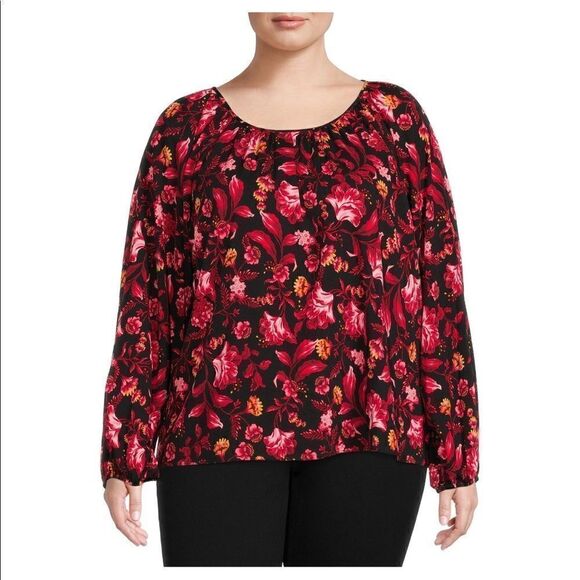 Terra & Sky Women’s Plus Size Floral Peasant Top with Long Sleeves - Picture 1 of 5